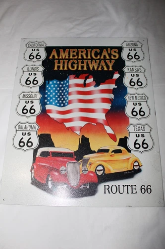 VINTAGE Americas Highway Route 66 Vintage Metal Square Sign 13X16 Hot Rods