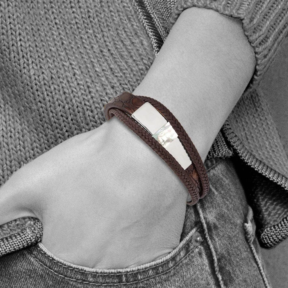 Stainless Steel Brown Leather Shell Pearl Adj I.D. Bracelet, 7.5-8 In - Image 3 of 4