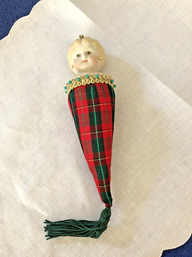 Victorian China Head Doll, Low Brow, Porcelain, Tassel, Vanity, Sachet, Ornament