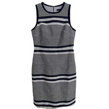 J. Crew Sleeveless Shift Dress Blue White Striped Tweed Blue Trim Dress