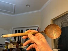vintage wood handle copper folk art floral decorated bowl spoon