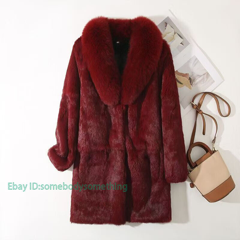 Real Rabbit Fur Coat Women's Mid Long Fox Fur Collar Jackets
