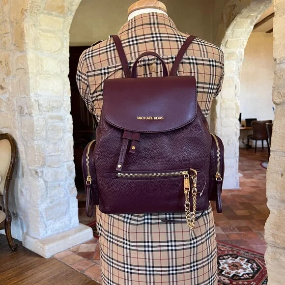 MICHAEL KORS CARGO JET SET MEDIUM BACKPACK GOLD CHAIN LEATHER TRAVEL NWT Bordeau Michael Kors Jet Set Item Large Signature Pvc Chain Backpack  main image 3