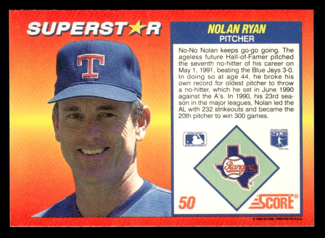 Nolan Ryan 1992 Score Superstar Card #50 Texas Rangers | eBay