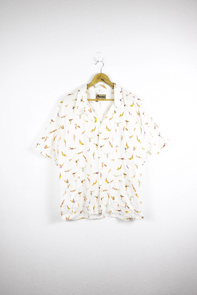 Mens Nigel Cabourn x Lybro Swimmers Vacation Hawaiian Camp Shirt White size 50