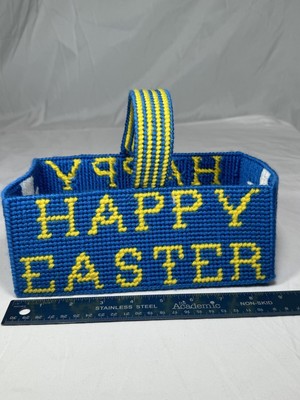 Handmade Plastic Canvas Easter Basket Crochet Embroidery Religious Cross