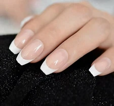 French Tip White Medium Coffin Press On Nails - Glue On False Set - 24 pcs Kit