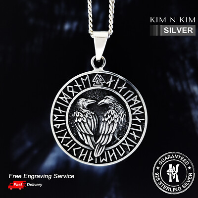 Rune Odin's Ravens Hugin Munin Wikinger Nordisch Valknt Anhänger Halskette  925 silber