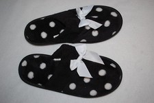 Womens Slippers BLACK w/ WHITE POLKA DOT Slip On RUBBER SOLE House Shoes L 10-11