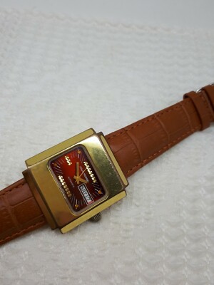 Rare Vtg Louis Rossel Automatic Arabic Day Date Gold Plated Watch ? VINTAGE LOUIS ROSSEL RED SHINE DIAL AUTOMATIC WRIST WATCH  main image 4