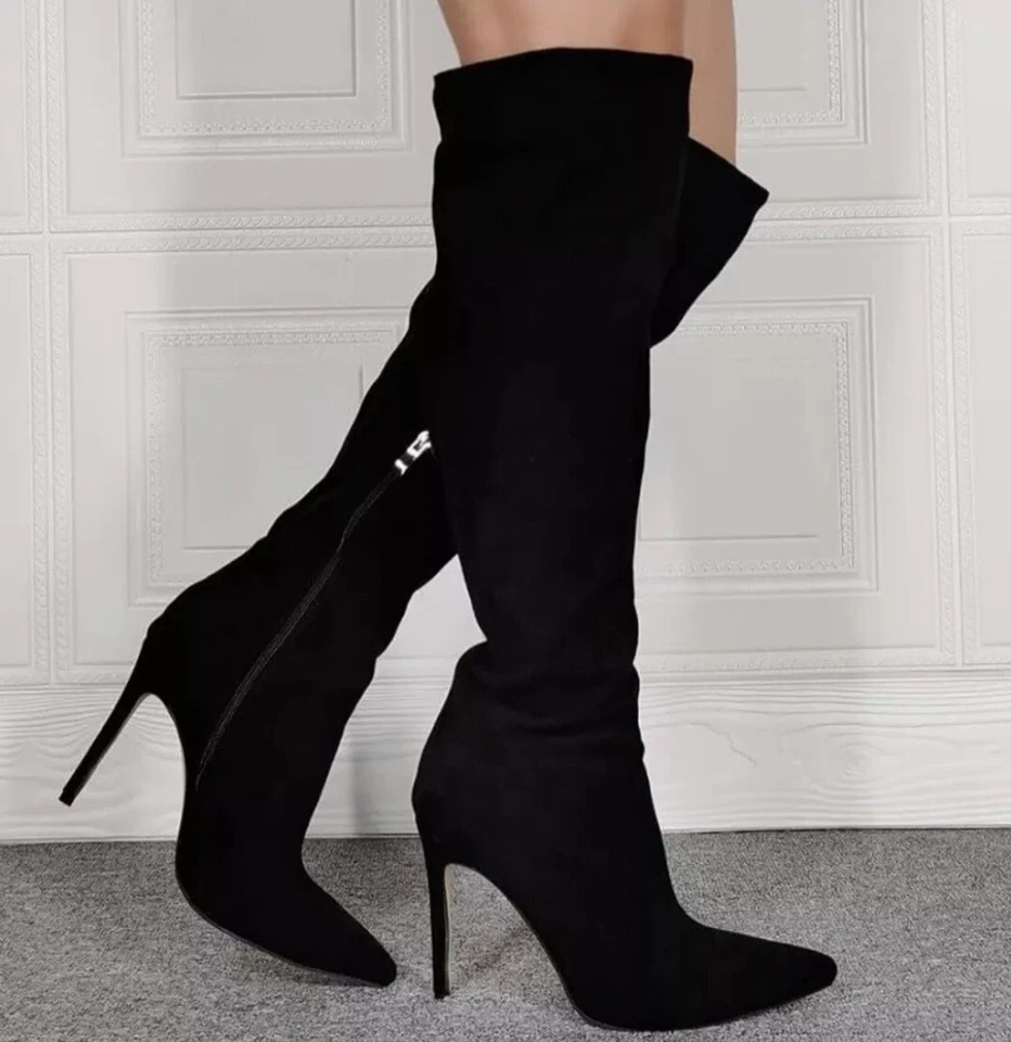 Liliana DB54 Mujer Gamuza Punta Punta Muslo Alto Suela Única Stiletto Bota Negro S 7 Foto 4 de 4