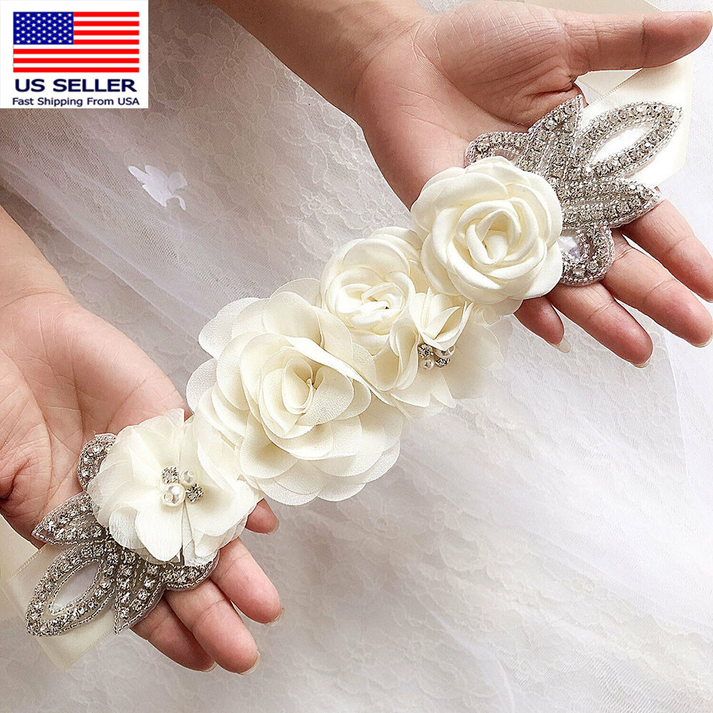 Women Wedding Dress Belt Handmade Rose Bridal Sash Pearl Rhinestone Flower Belt