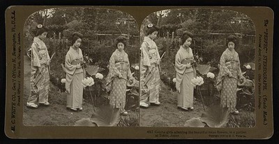 Geisha girls admiring the beautiful lotus flowers, in a garden at Tokio, Japan