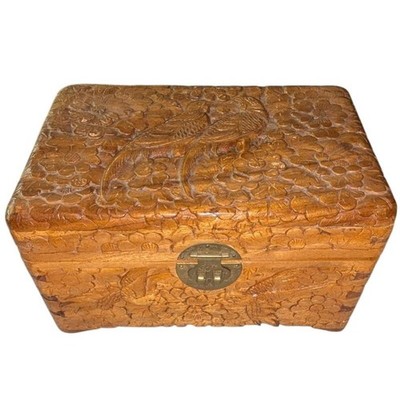 Vintage Carved Wood Camphor Box Bird Floral Foliage Hinged Trunk Trinket