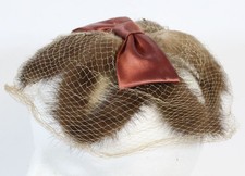 Vtg Fur Fascinator Hat Netting Cage Mink Retro Satin Bow Glam Pin Up Fancy Brn
