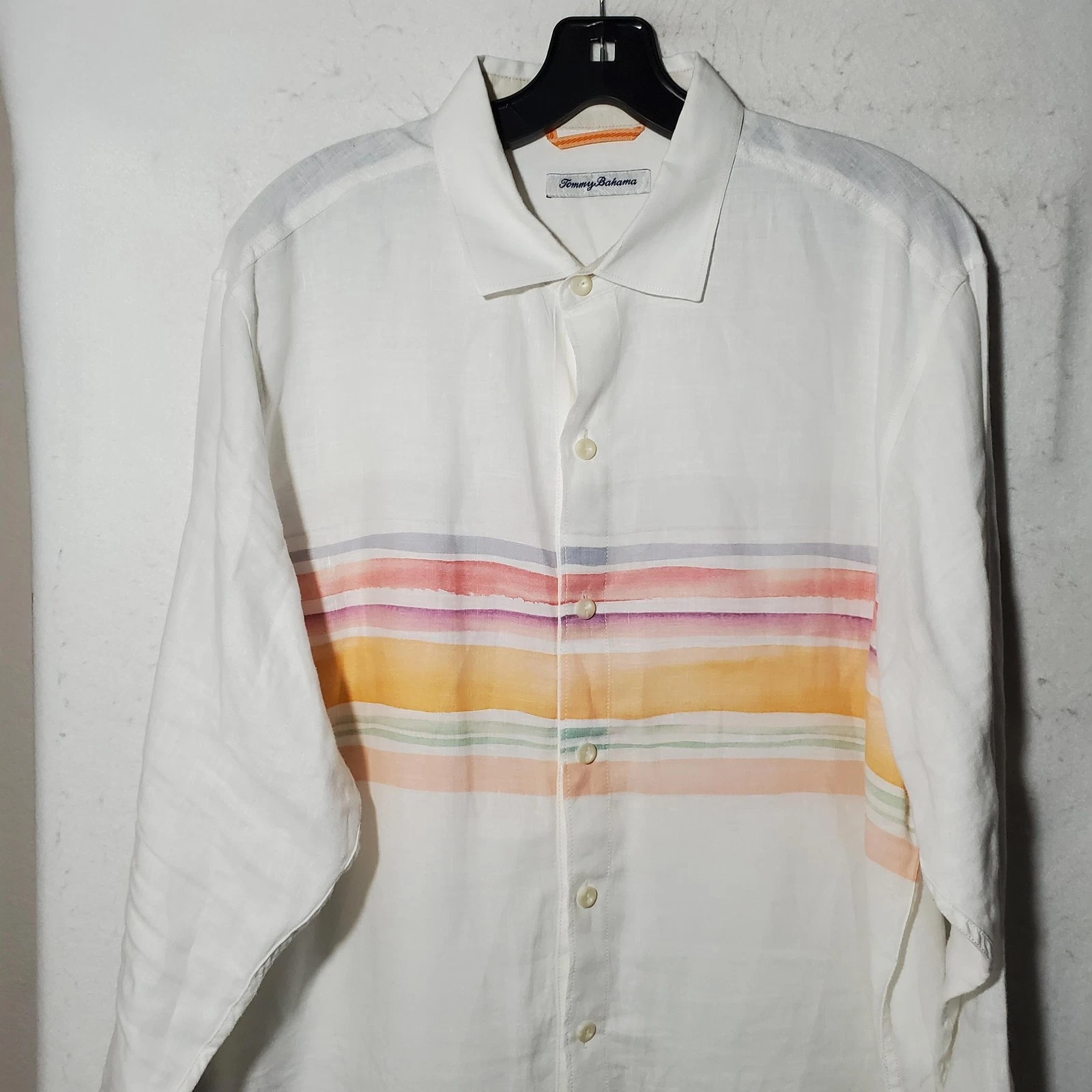 Tommy Bahama Shirt Mens Large White Linen Stripe Long Sleeve Button Up Beach