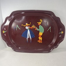 Vtg Danish Folk Art Hand Painted Quimper Style Serving Tray Metal Heavy 16.5x11"