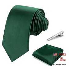 Mens Tie Set Solid Color 3.15" 8CM Necktie and Pocket Square Clip Set Green