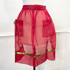 Vintage Sheer Red Waist Half Apron Chiffon Pockets Christmas Holiday Size S