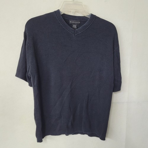 Baracuta, BARACUTA Mens V Neck Short Sleeve Ribbed Knit Sweater Shirt XL Black