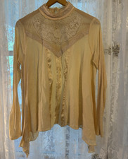 Free People Womens Beige Sheer Lace Mock Neck...