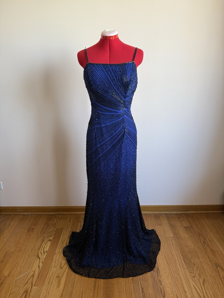 Vintage Y2K Hand Beaded 100% Silk Prom Maxi Dress Formal Gown Navy Blue  Black | eBay
