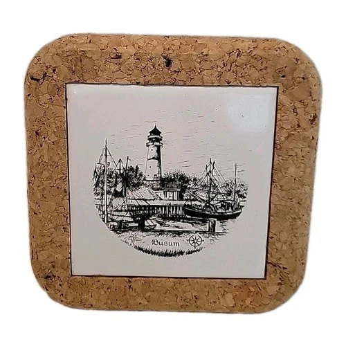 Vtg  Busum Germany Tile With Cork 6” by 6”  Lighthouse Ships Nautical Trivet   - product listing photo