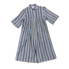 Vintage 70s Coffee Coat by Saybury Medium House Dress Striped Full Zip