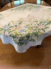 1950'S COTTON PRINT TABLECLOTH 48" X41"FLORAL SPRING-SUMMER BOUQUET SLIGHT AS IS