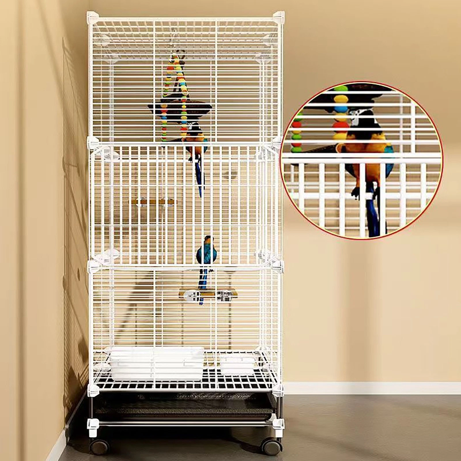 3-tier Freestanding Bird Cage, 75*37*125cm Bird Cage with Universal Wheels