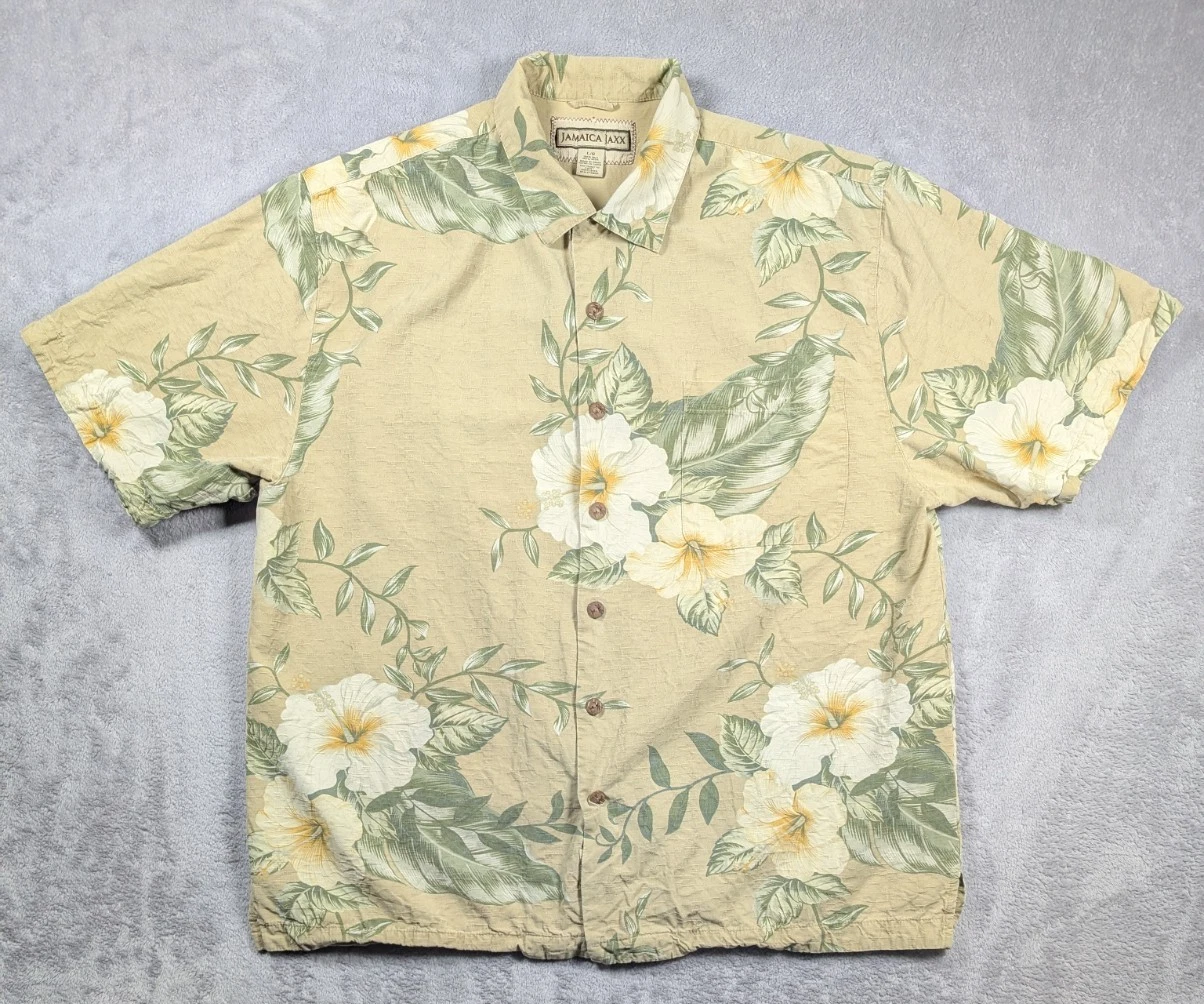 Jamaica Jaxx 100% Silk Button Front Shirt Men Large Hawaiian Palm Print Vacation