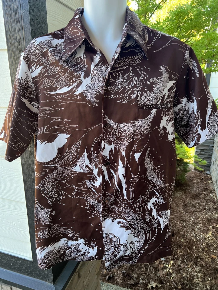 Camisa De Colección Años 70 Tori Richard Para Hombres Hawaiana Marrón Crashing Waves Grande Groovy Foto 2 de 4