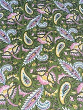 Paisley Cotton Tablecloth Floral; Block Print; Farmhouse Green Pink 82x102