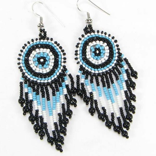 TURQUOISE BLUE BLACK WHITE BEADED EARRINGS HANDMADE BEAD JEWELRY E19/4 - 第 1/2 張圖片