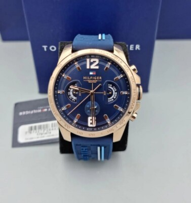 NEU TOMMY HILFIGER HERREN UHR 1791474 SILIKON BLAUES ARMBAND & BLAUES ZIFFERBLATT ORIGINAL UK