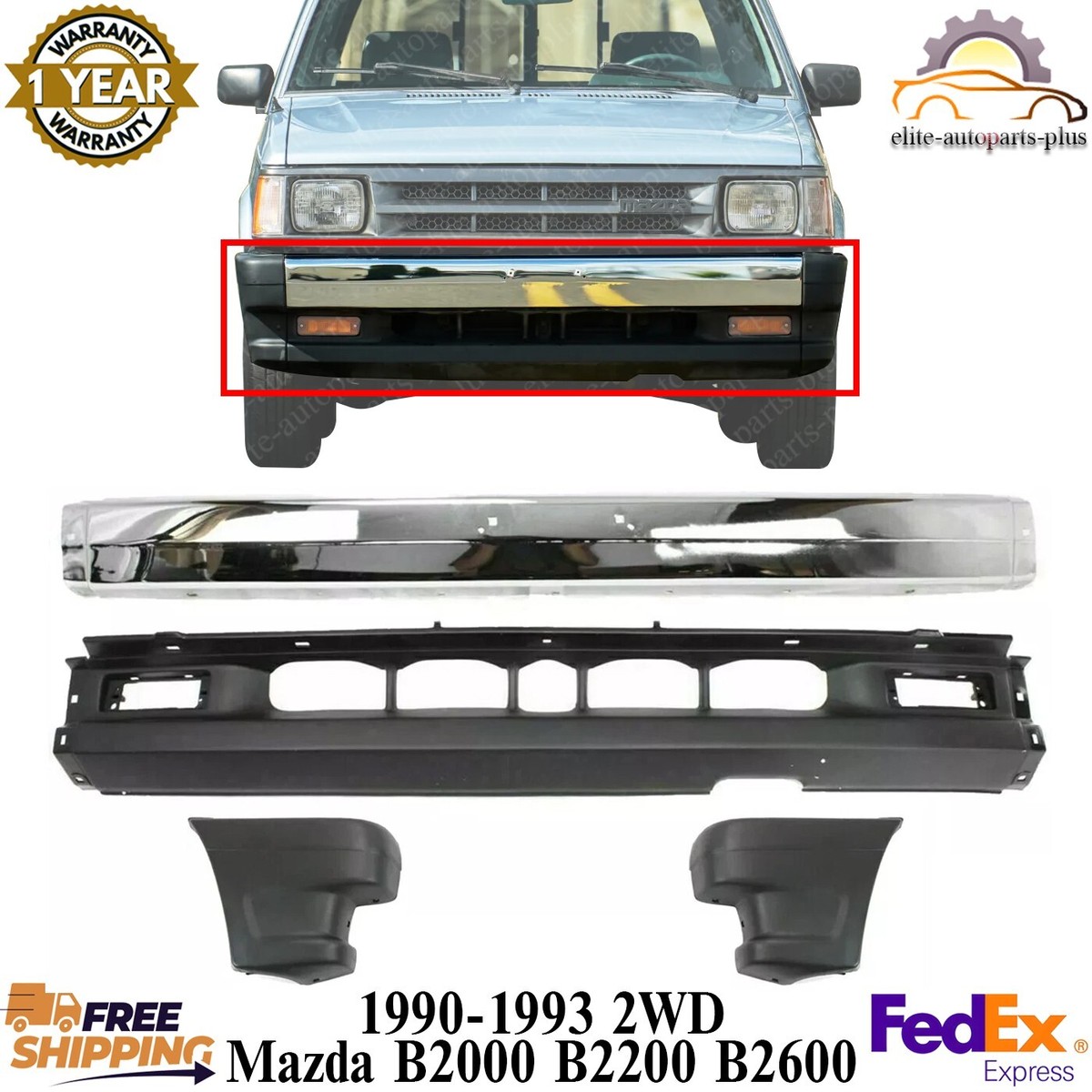 Front Chrome Bumper Replacement Kit For 1990-1993 2WD Mazda B2000 