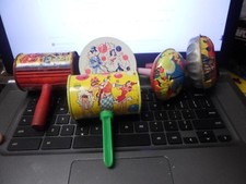 Vintage Tin Litho Noisemakers- Lot of 5 - - US Metal Toy- Wood Handles