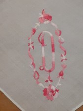 VTG D Monogram Varigated Pink Satin Threads On White Cotton Hankie Handkerchief