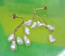 L K Gorgeous Real 14K Yellow GOLD Dangling Pearl Earrings women girls