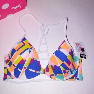 Victoria Secret PINK Swim Bikini Top Small Push Up Geo Colorful Strappy Caged