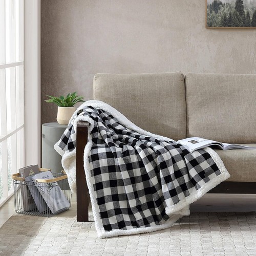 Cozy Black Check Throw Blanket - Reversible Sherpa Fleece for Gifting & Travel - Picture 4 of 12