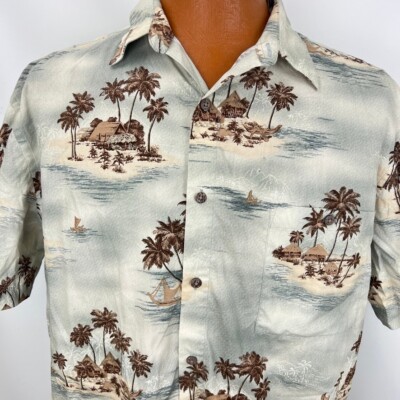 Island Shores Aloha Hawaiian L Shirt Sailboats Palm Trees Tiki Hut Islands