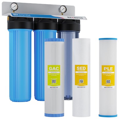 Max Water 3 Stage 20''x4.5'' Big Blue 1'' Whole House Water Filter/2 Pressure Gauge