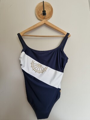 JANINE ROBIN: BADEANZUG MARINE WEISS LUXUS GOLDENE STICKEREIEN NAUTISCH SWIM 