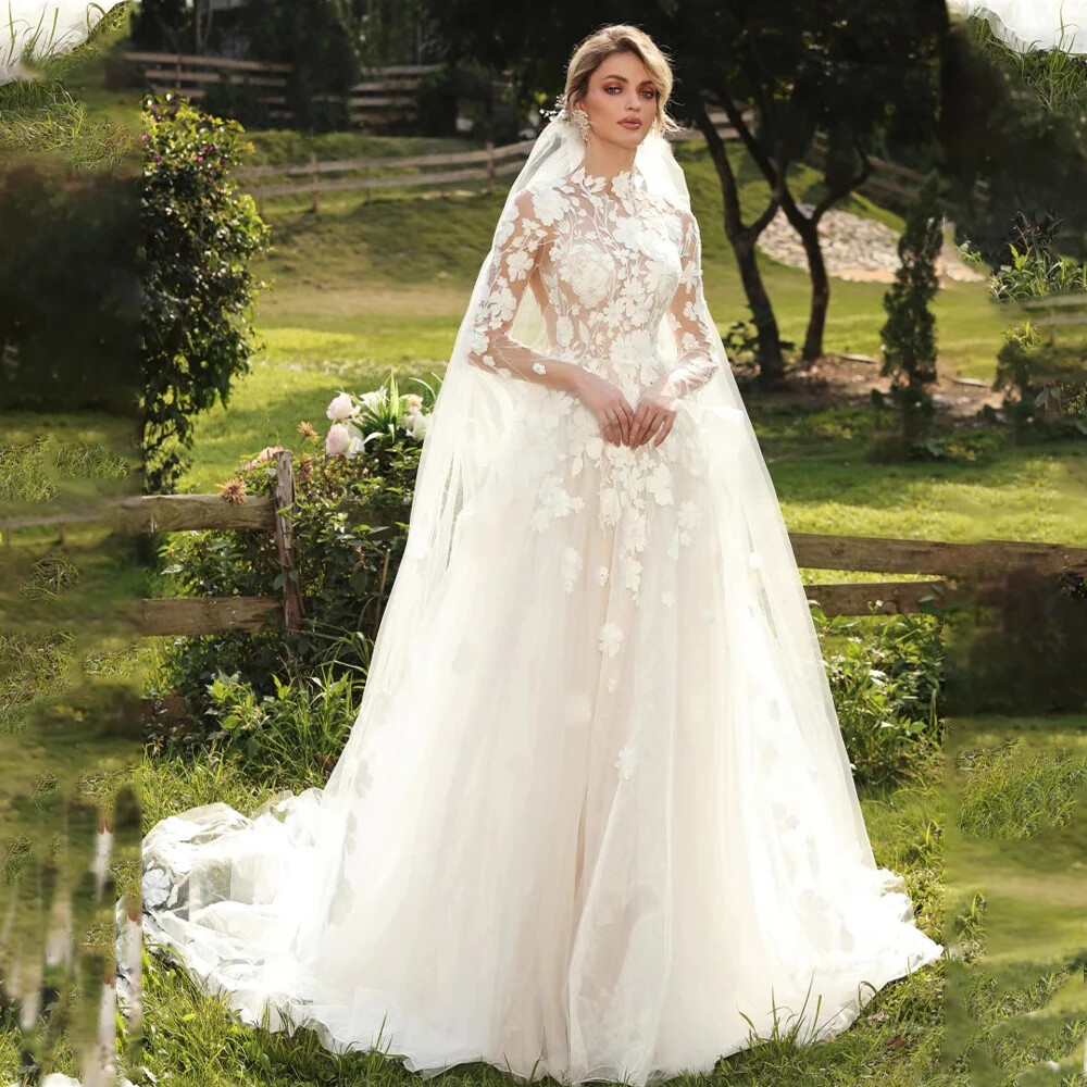 Vintage High Neck Full Sleeves Lace Applique Tulle A Line Wedding Dresses