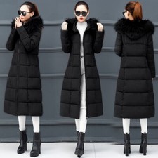 Lady Long Puffer Coat Jacket Hooded Faux Fur Collar Padded Outerwear Elegant