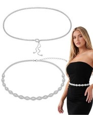 2 Pack Rhinestone Belts for Women, Sparkly Silver Crystal Waist Chain, Thin