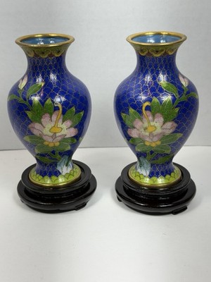 Two Vintage Chinese Cloisonne Enamel Vases with Stands 6  Blue Lotus In Box