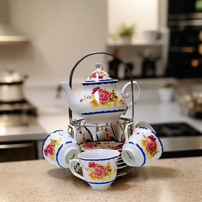 White Blue Rim Rose Ceramic Tea Set with Teapot and Matching Cups on Metal Stand