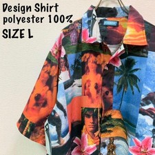Vintage allover pattern shirt, short sleeve, photo transfer, Hawaiian, flashy,